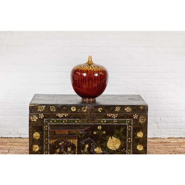 Contemporary Hand-Crafted Artisan Tri-Color Brown Vase with Rounded Silhouette and Dripping For Sale - Image 3 of 12