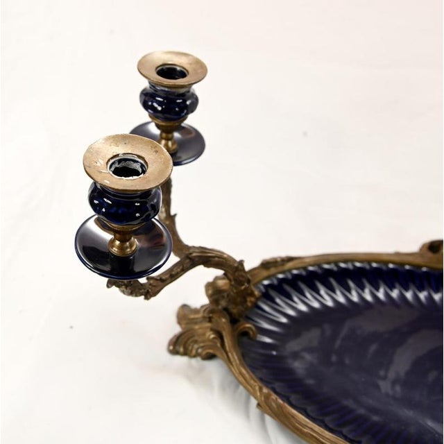French Style Gilt Bronze Plateau with Twin Candleholders and Blue Glass Inserts For Sale - Image 3 of 4