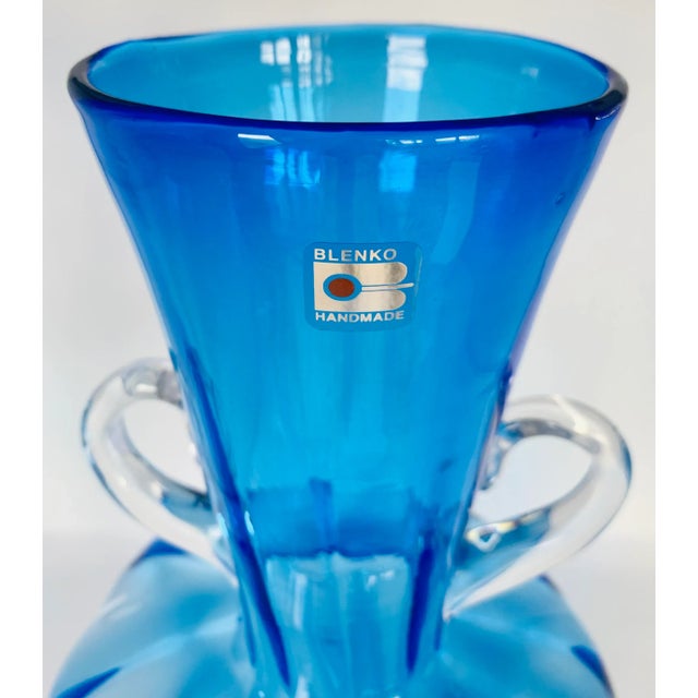 American Matt Carter for Blenko, Large Hand-Blown Art Glass Cobalt Blue Vase With Double Crystal Handles For Sale - Image 3 of 12