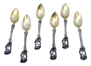 Silver Coffee Spoons with Seashell Relief Handles and Golden Shells, Set of 6