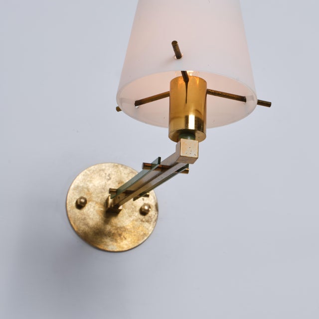 Mid-Century Modern Italian Brass, Green Metal and Opaline Glass Wall Sconces, 1950s, Set of 2 For Sale - Image 3 of 14