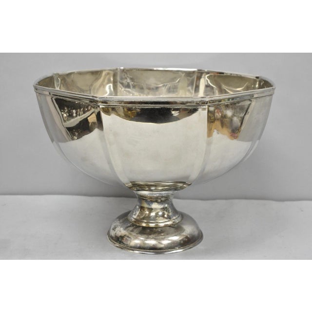 Vintage Modern Regency Style Silver Plated Pedestal Punch Bowl W 12 Hanging Cups For Sale - Image 4 of 18