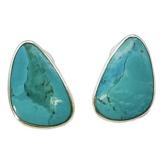 1980s Vintage Southwestern Americana Peyote Bird Turquoise & Sterling Large Pierced Stud Earrings - A Pair For Sale
