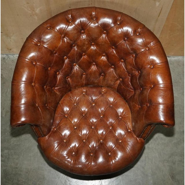 Brown Hand-Dyed Brown Leather Chesterfield Club Tub Barrel Armchair with Brass Castors For Sale - Image 8 of 18