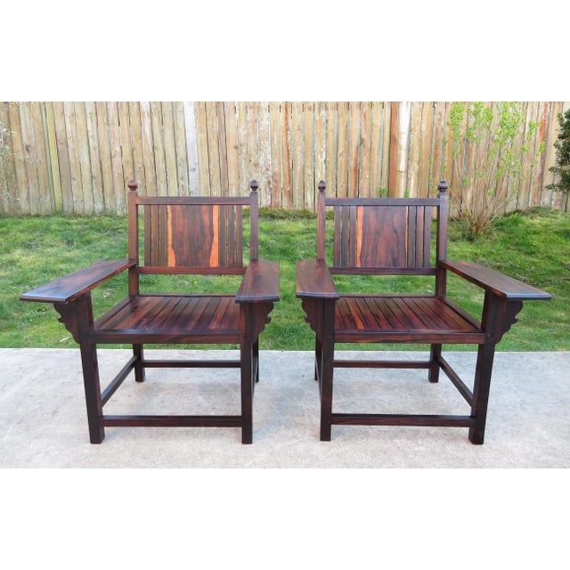 Mid-Century Modern Vintage ~ Mortise Tenon Arts & Crafts Style ~ Exotic Wood Arm Chair Pair ~ Ziricote Macassar ~ Mid Century Rosewood For Sale - Image 3 of 15