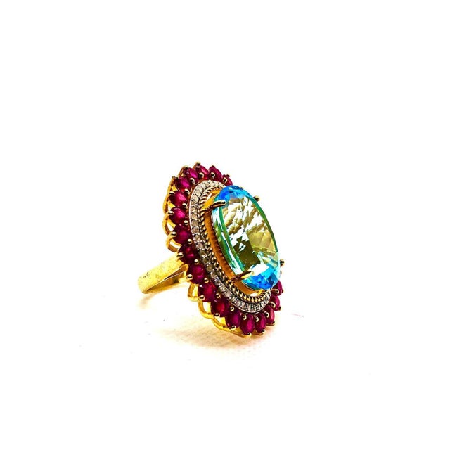 Bochic “Capri” Vintage Ruby, Blue Topaz & Diamond Ring Set In 18K Gold & Silver For Sale - Image 4 of 7