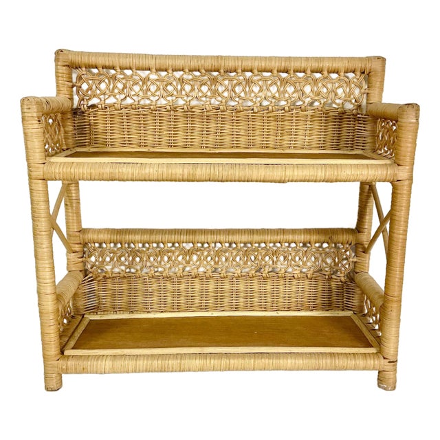 Mid-Century Boho Chic Coastal Arts & Crafts Double Knot Loop Wicker Wall Shelf For Sale