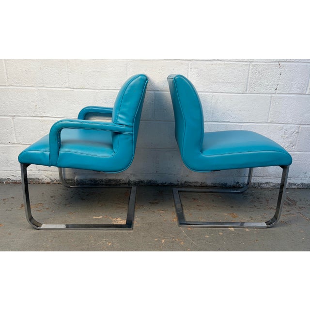 Vintage Blue Vinyl Flat Bar Chrome Dining Chairs - Set of 6 For Sale - Image 11 of 17