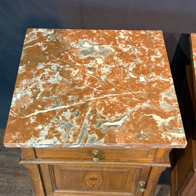 French Louis XVI Revival Oak Marble Top Night Stands -a Pair For Sale - Image 4 of 12