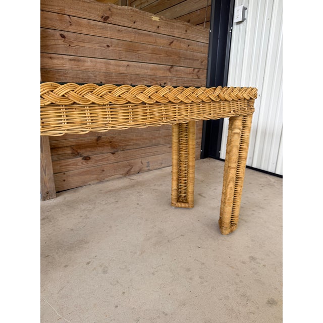 Vintage Handwoven Braided Rattan Console Table Glass Insert For Sale In Naples, FL - Image 6 of 12