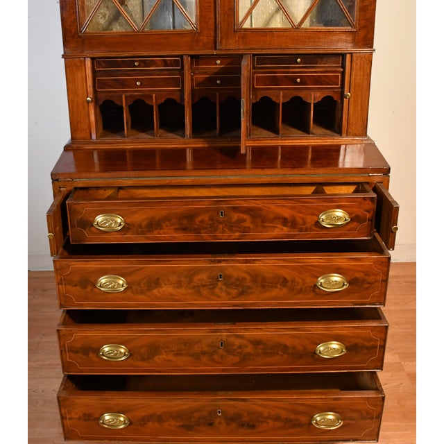 1860s English Sheraton Flame Mahogany Secretary Desk Hutch Display Cabinet Bookcase For Sale - Image 10 of 15