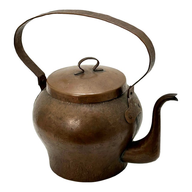 Large Unusual Antique French Arts & Crafts Hand Wrought Solid Copper Tea Kettle - Circa Early 1900s For Sale