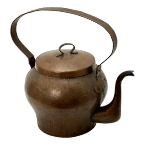 Large Unusual Antique French Arts & Crafts Hand Wrought Solid Copper Tea Kettle - Circa Early 1900s