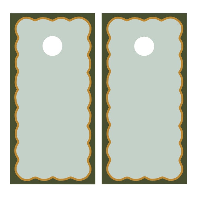 Chairish x The Muddy Dog Scalloped Cornhole Boards, Mist/Pine - 2 Boards + 8 Toss Bags For Sale
