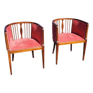Pair 1920s English Edwardian Inlaid Mahogany Tub Club Chairs Newly Upholstered For Sale