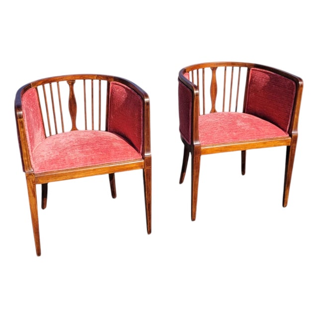 Pair 1920s English Edwardian Inlaid Mahogany Tub Club Chairs Newly Upholstered For Sale