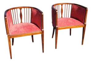 Pair 1920s English Edwardian Inlaid Mahogany Tub Club Chairs Newly Upholstered