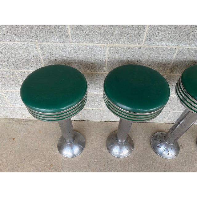 Description: Duro Chrome 1950's Drug Store/Soda Fountain Swivel Top Stools - Set of 4. Vinyl in great shape, chrome does...