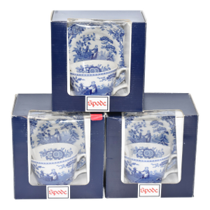 1980s Blue Italian "Girl at Well" the Spode Blue Room Collection, Cups and Saucer Sets- 6 Pieces