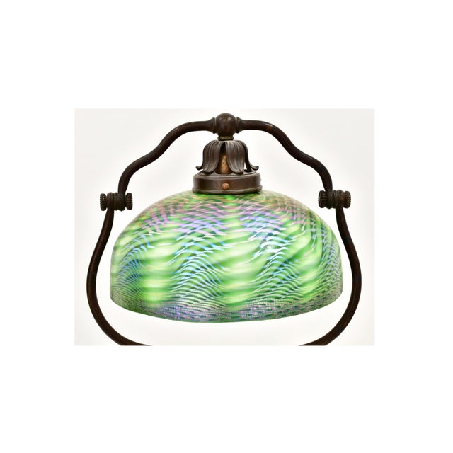Art Nouveau Tiffany Studios Bronze Harp Floor Lamp With Green Damascene Favrile Glass Shade For Sale - Image 3 of 9