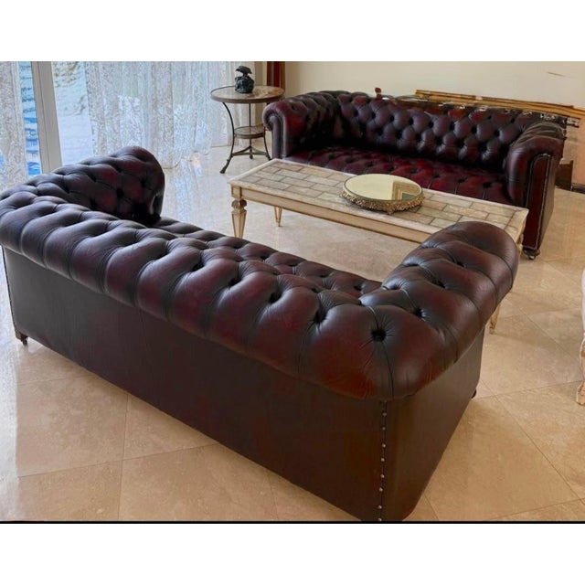 Mid 20th Century Pair of English Chesterfield Sofas in Burnished Burgundy Leather, Circa 1950s For Sale - Image 5 of 13