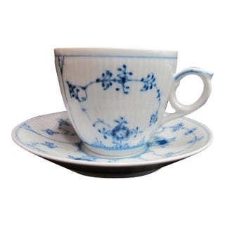 Royal Copenhagen Denmark 79 & 2162 Plain Blue Flower Fluted Flat Cup & Saucer For Sale