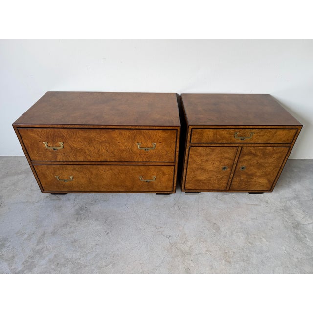 Pair of Vintage John Widdicomb Burl Wood Veneer & Brass Nightstands/ Sold For Sale - Image 4 of 12