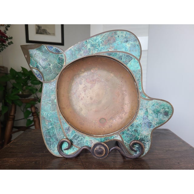 Mid-century tray in the form of a graceful dove. Features a central copper basin surrounded by inlaid malachite mosaic...