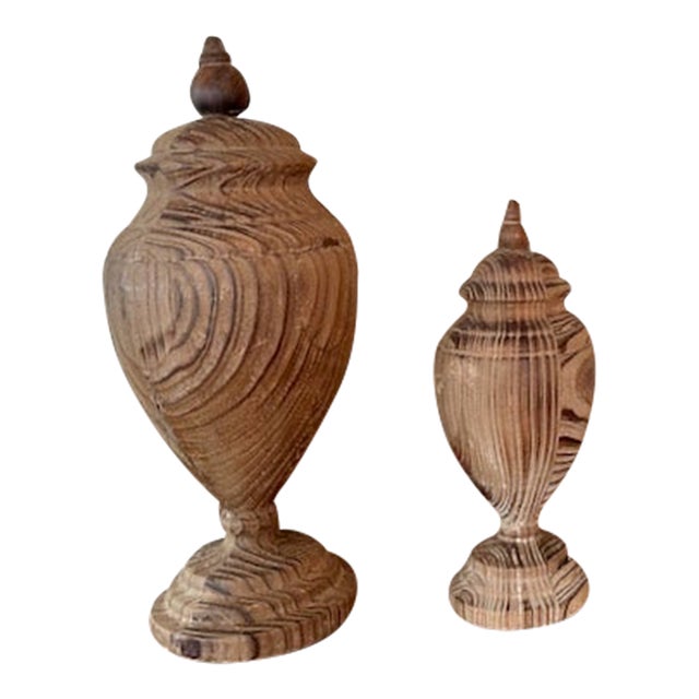 Pair of Uttermost Solid Carved Wood Finials For Sale