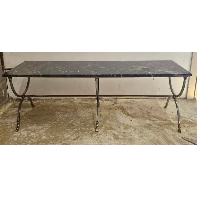 Art Deco Mid-Century Brushed Metal and Brass Goat Feet Marble Top Coffee Cocktail Table For Sale - Image 3 of 11