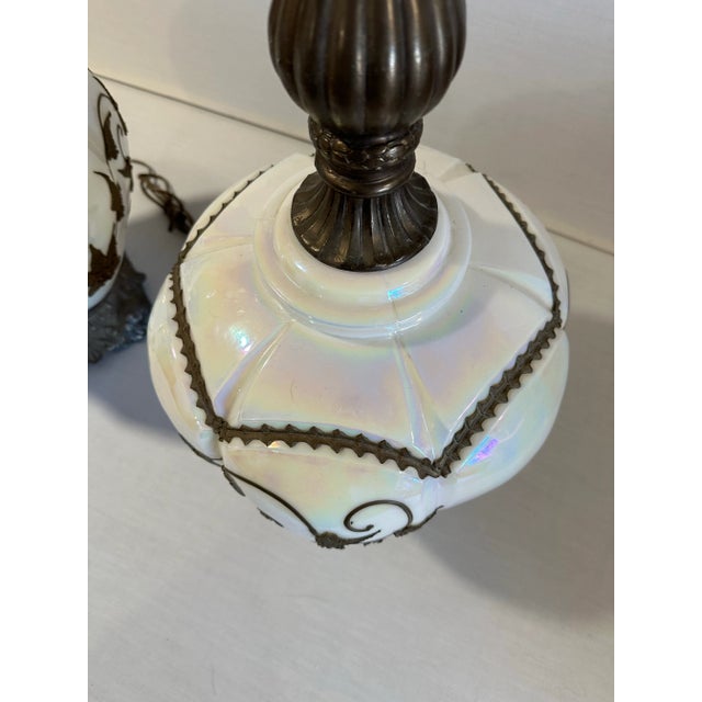 Pair of Hollywood Regency Lamps Large Opalescent Iridescent White Glass Bodies W/ Bronze Filigree Overlay 3-Way Switch 1970s For Sale - Image 9 of 11