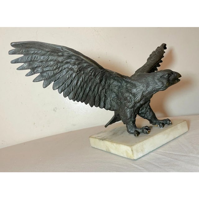1930s Antique Solid Bronze Marble Open Winged American Bald Eagle Statue Sculpture For Sale - Image 5 of 13