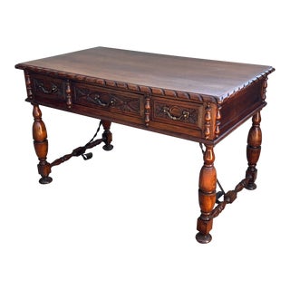 20th Two Sides French Louis XV Style Carved Walnut Desk With Three Drawers For Sale