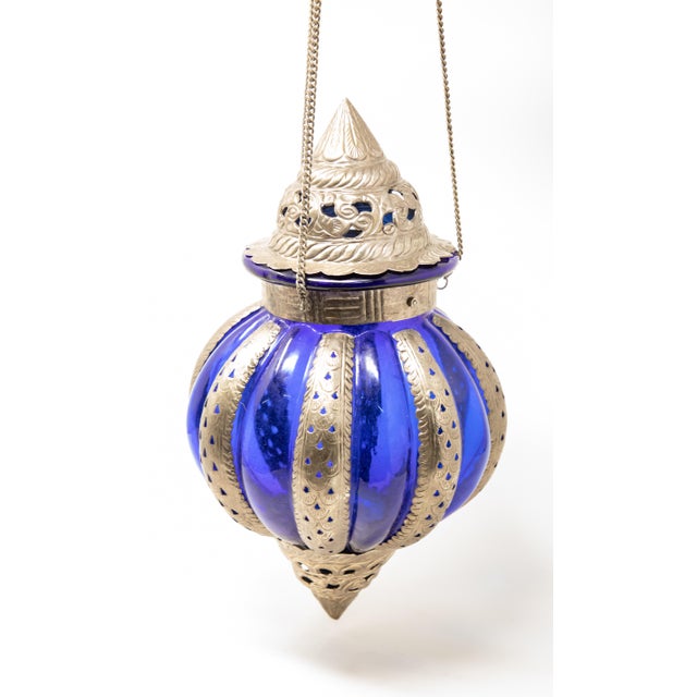 Mid-Century Pewter Moroccan Lantern with Blue Glass For Sale - Image 9 of 13