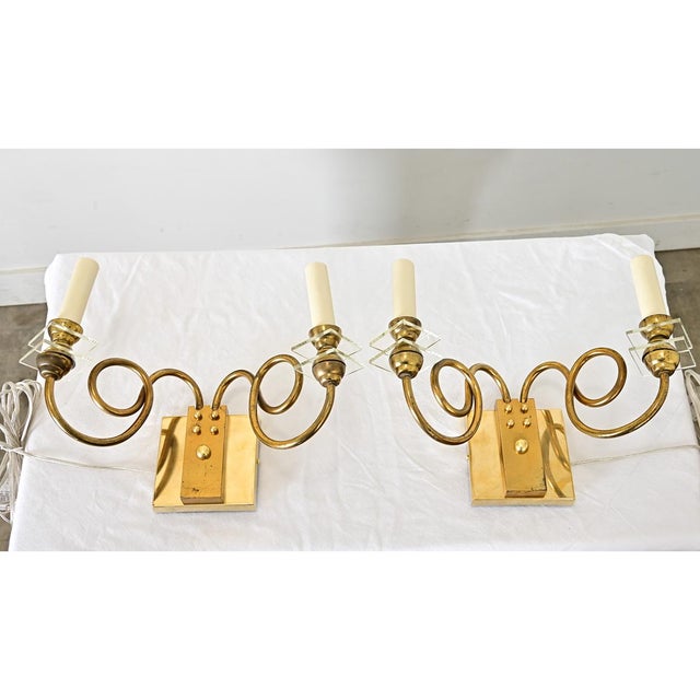 Mid-Century Modern Vintage French Brass & Glass Wall Sconces - A Pair For Sale - Image 3 of 14