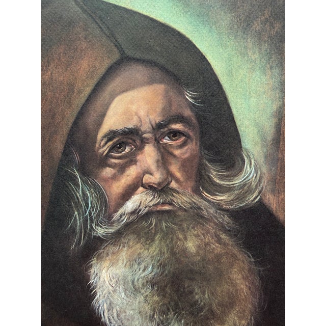 Vintage Lithograph print of a folk art portrait of an aged monk entitled “Wisdom” by a Franciscan monk from Missouri, the...