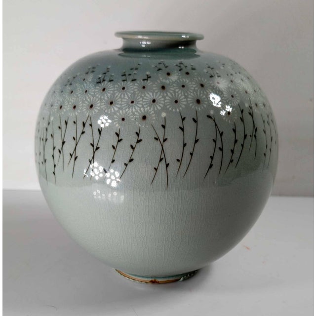 Ceramic Mid-Century Modern Korean Celadon Vase With Parade of Flowers, Signed For Sale - Image 7 of 13
