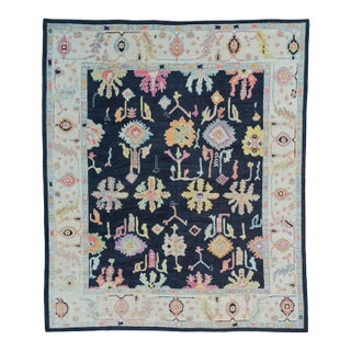 Black Field Contemporary Oushak Rug With Ivory Border and Overscale Floral Motifs, 13" X 15' For Sale
