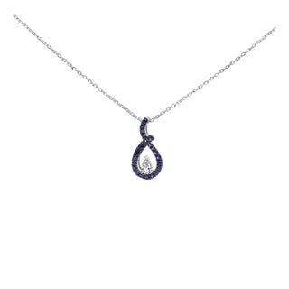 .925 Sterling Silver Created Blue and White Sapphire Teardrop Shaped Pendant Necklace - 18" Inches For Sale