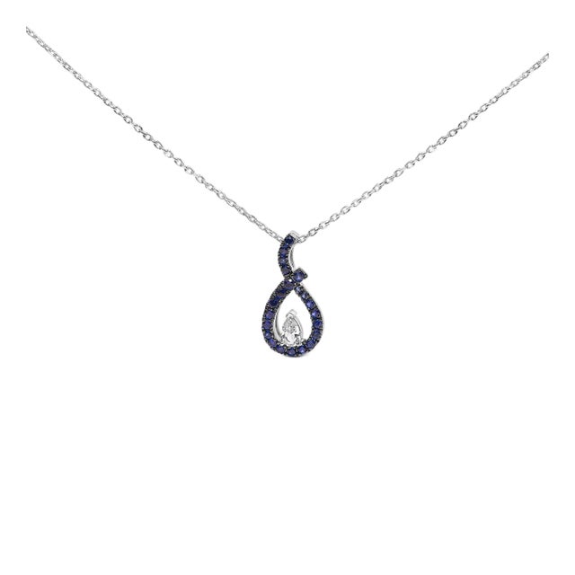 .925 Sterling Silver Created Blue and White Sapphire Teardrop Shaped Pendant Necklace - 18" Inches For Sale