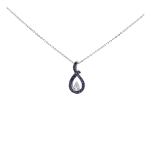 .925 Sterling Silver Created Blue and White Sapphire Teardrop Shaped Pendant Necklace - 18" Inches