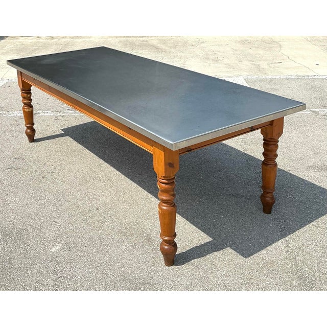 Wood Vintage Plank Farm Table With Custom Stainless Steel Top For Sale - Image 7 of 12