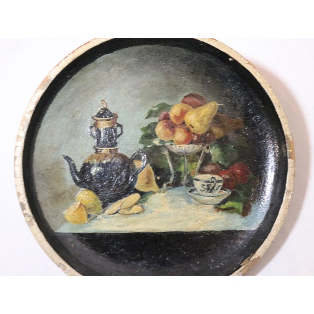 Antique Hand Painted Folk Art Still Life Oil Painting on Stoneware Pottery Lid For Sale In New York - Image 6 of 11