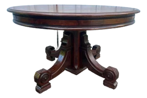 Antique American Empire Style Solid Walnut and Burled Wood Round Dining Table With 3 Leaves