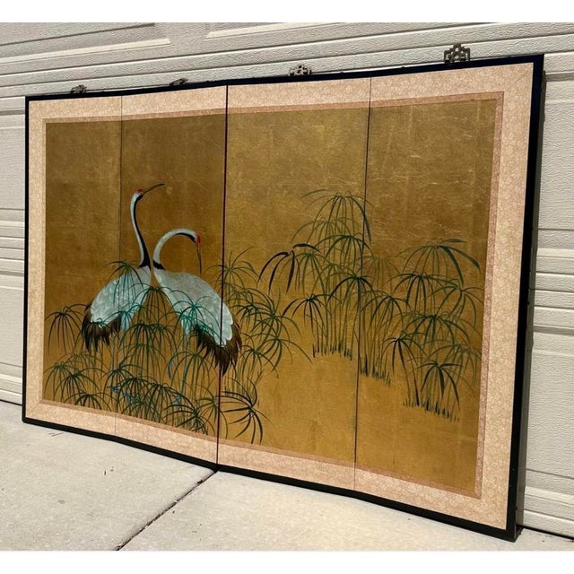 Early 20th Century Japanese Four-Fold Byobu Screen With Cranes and Young Bamboo For Sale - Image 16 of 18