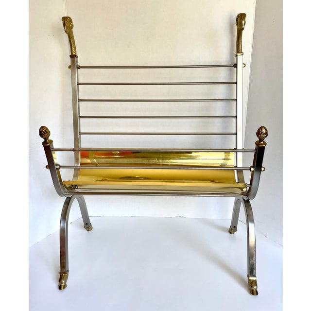 Art Deco Mid 20th Century Italian Maison Jansen Style Brass and Steel Rams Head Magazine Rack For Sale - Image 3 of 13