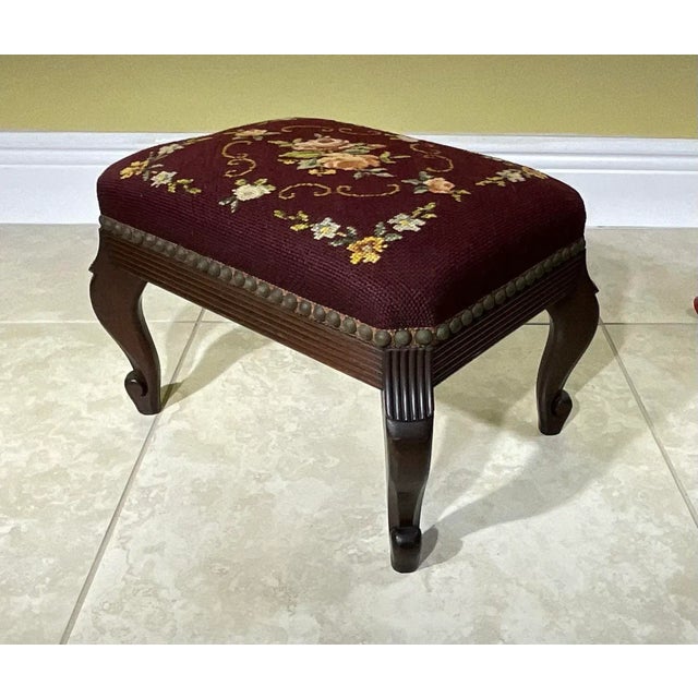 Antique Hand Carved Needlepoint Textile Upholstered Foot Stool For Sale - Image 13 of 13