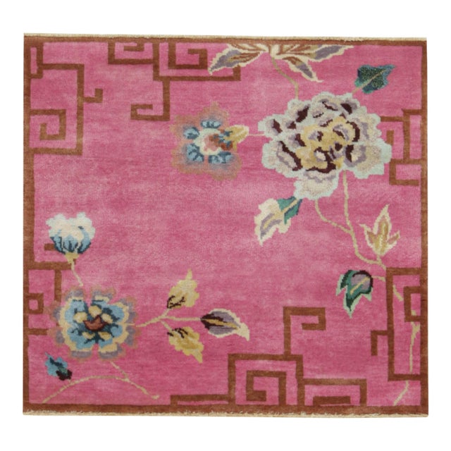 Rug & Kilim’s Chinese Art Deco Style Square Rug in Pink With Floral Patterns For Sale