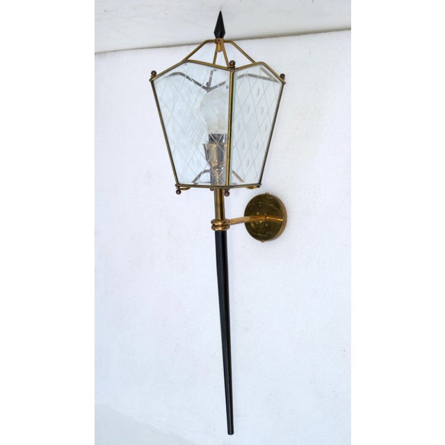 Pair of Jacques Adnet style sconces, wall lights, lantern lamps in brass, etched glass and gun metal, this is the largest...