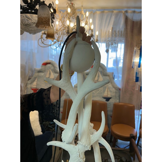 Metal Large White Painted Faux Buckhorn Chandelier For Sale - Image 7 of 9